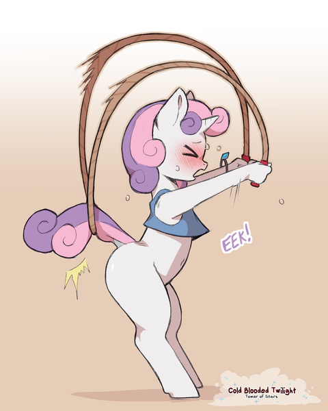 Size: 960x1200 | Tagged: safe, artist:cold-blooded-twilight, derpibooru import, sweetie belle, anthro, semi-anthro, unicorn, ><, belly, belly button, blank flank, blushing, bottomless, clothes, dialogue, dock, emanata, eyes closed, female, filly, horn, image, jump rope, mistake, partial nudity, png, raised tail, solo, sweat, tail, tail pull