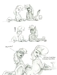 Size: 1067x1400 | Tagged: safe, artist:baron engel, derpibooru import, oc, oc:carousel, oc:petina, unofficial characters only, earth pony, pony, unicorn, bar, black and white, dialogue, exclamation point, glass, grayscale, horn, image, jpeg, monochrome, mug, pencil drawing, simple background, story included, traditional art, white background