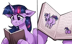 Size: 3000x1827 | Tagged: suggestive, artist:buvanybu, derpibooru import, twilight sparkle, twilight sparkle (alicorn), alicorn, pony, g4, book, butt, crying, disproportional anatomy, fat, female, huge butt, image, large butt, looking at you, looking back, looking back at you, mare, png, snot, solo, twibutt, vandalism