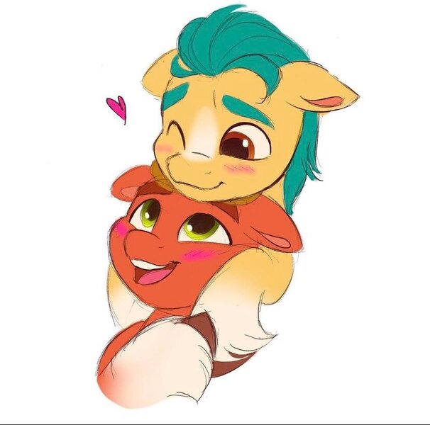 Size: 828x820 | Tagged: safe, artist:haruh_ink, derpibooru import, hitch trailblazer, sprout cloverleaf, earth pony, pony, g5, blushing, cuddling, cute, duo, duo male, gay, heart, hitchbetes, holding a pony, hug, image, jpeg, male, ship:clovertrail, shipping, simple background, sproutbetes, stallion, white background