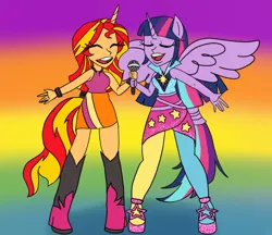 Size: 1148x990 | Tagged: safe, artist:mintymelody, derpibooru import, sunset shimmer, twilight sparkle, twilight sparkle (alicorn), alicorn, human, equestria girls, g4, eyes closed, horn, horned humanization, humanized, image, my little pony equestria girls: rainbow rocks, png, ponied up, rainbow rocks 10th anniversary