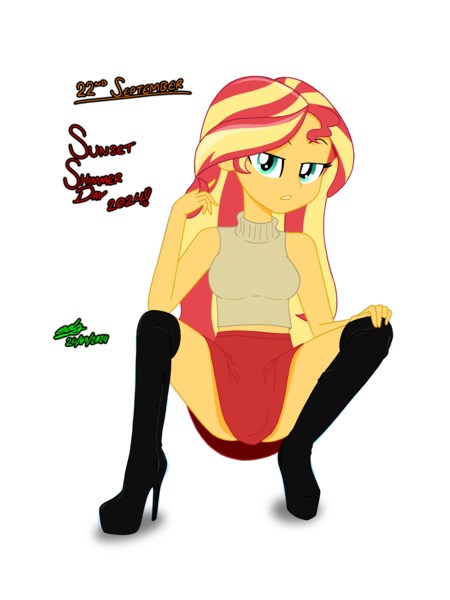 Size: 1920x2560 | Tagged: suggestive, artist:gibsterboy5, derpibooru import, sunset shimmer, human, equestria girls, g4, adorasexy, ass, bare shoulders, beautisexy, bedroom eyes, black shoes, boots, breasts, butt, cleavage, clothes, cute, digital art, female, hand on leg, high heel boots, high heels, image, looking at you, midriff, platform boots, platform heels, platform shoes, png, sexy, shoes, signature, simple background, skirt, sleeveless, sleeveless sweater, solo, squatting, stiletto heels, sunset shimmer day, sweater, tanktop, text, transparent background, turtleneck