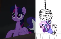 Size: 1097x717 | Tagged: safe, derpibooru import, edit, rarity, starlight glimmer, twilight sparkle, twilight sparkle (alicorn), alicorn, unicorn, g4, my little pony: the movie, bondage, hanging, hanging upside down, happy, hat, hennin, horn, image, looking at someone, looking at something, png, princess, princess starlight glimmer, rope, rope bondage, smiling, tied up, upside down