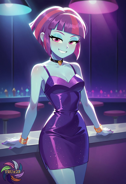 Size: 2496x3648 | Tagged: safe, ai content, derpibooru import, machine learning generated, prompter:trux23, sunny flare, human, equestria girls, g4, bare shoulders, breasts, clothes, dress, female, image, jpeg, looking at you, nightclub, sleeveless, smiling, smiling at you, solo, upper body