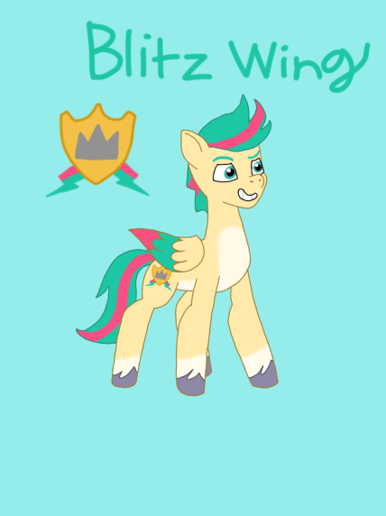 Size: 428x572 | Tagged: source needed, safe, artist:shucku, derpibooru import, oc, oc:blitz wing, unofficial characters only, pegasus, pony, g5, my little pony: tell your tale, cutie mark, cyan eyes, g5 oc, image, male, offspring, parent:hitch trailblazer, parent:zipp storm, parents:stormblazer, pegasus oc, png, stallion, stallion oc, tail, tell your tale accurate, title card, two toned mane, two toned tail, unshorn fetlocks, wings