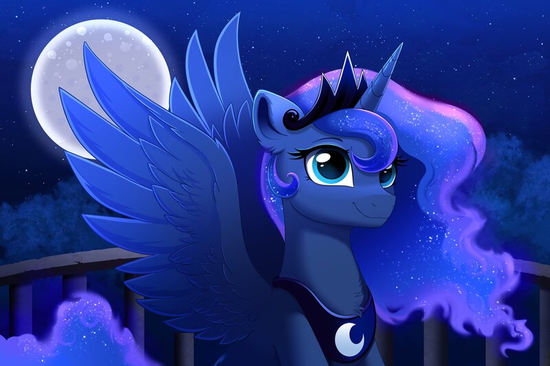 Size: 4096x2731 | Tagged: safe, artist:confetticakez, derpibooru import, princess luna, alicorn, pony, g4, cute, female, image, jpeg, looking up, moon, smiling, solo, spread wings, tree, wings