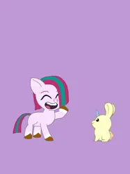 Size: 428x572 | Tagged: source needed, safe, artist:shucku, derpibooru import, oc, oc:lilac breeze, unofficial characters only, bunnycorn, earth pony, pony, rabbit, g5, my little pony: tell your tale, animal, cute, cutie mark, ear piercing, earth pony oc, female, filly, foal, g5 oc, image, looking at something, offspring, parent:hitch trailblazer, parent:zipp storm, parents:stormblazer, piercing, png, smiling, tail, tell your tale accurate, two toned mane, two toned tail, unshorn fetlocks, waving