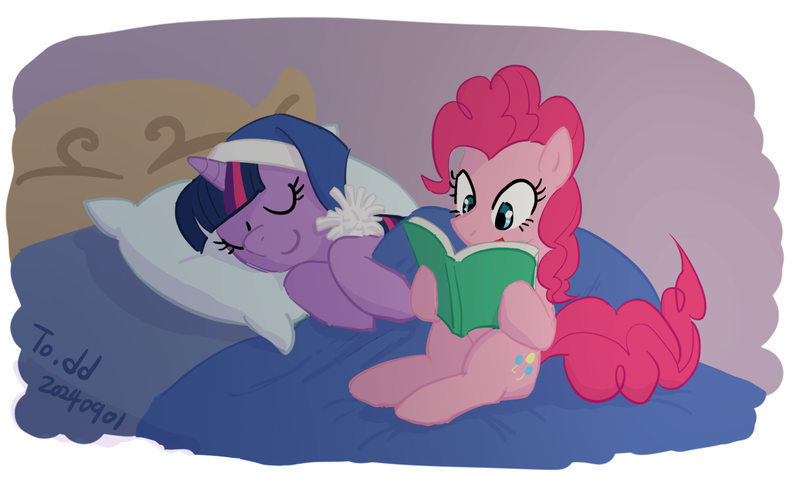 Size: 1533x917 | Tagged: safe, artist:siemensohm, derpibooru import, pinkie pie, twilight sparkle, earth pony, pony, unicorn, g4, bed, book, duo, duo female, female, hat, horn, image, mare, nightcap, on bed, png, reading, sitting on bed, sleeping