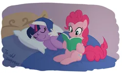 Size: 1533x917 | Tagged: safe, artist:siemensohm, derpibooru import, pinkie pie, twilight sparkle, earth pony, pony, unicorn, g4, bed, book, duo, duo female, female, hat, horn, image, mare, nightcap, on bed, png, reading, sitting on bed, sleeping