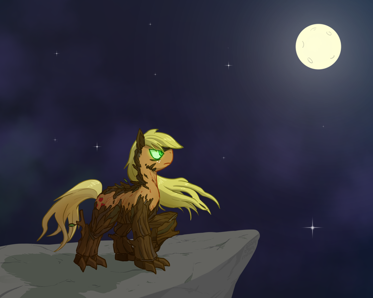 Size: 1994x1593 | Tagged: safe, artist:siemensohm, derpibooru import, applejack, earth pony, original species, pony, timber pony, timber wolf, g4, full moon, image, looking up, moon, png, solo, species swap, timberjack