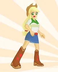 Size: 1018x1258 | Tagged: safe, artist:siemensohm, derpibooru import, applejack, human, equestria girls, g4, female, image, looking at you, open mouth, open smile, png, smiling, smiling at you, solo, sunburst background