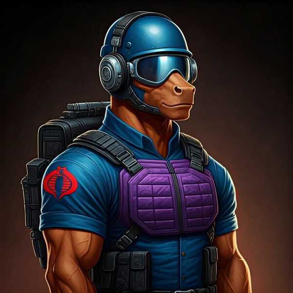 Size: 1024x1024 | Tagged: safe, ai content, derpibooru import, generator:google imagen 3.0, machine learning generated, prompter:zerowinger, anthro, earth pony, backpack, clothes, cobra the enemy, cosplay, costume, g.i. joe, gradient background, headset, helmet, image, jpeg, male, muscles, muscular male, solo, tele-viper, visor