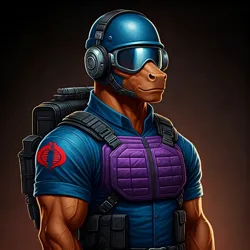 Size: 1024x1024 | Tagged: safe, ai content, derpibooru import, generator:google imagen 3.0, machine learning generated, prompter:zerowinger, anthro, earth pony, backpack, clothes, cobra the enemy, cosplay, costume, g.i. joe, gradient background, headset, helmet, image, jpeg, male, muscles, muscular male, solo, tele-viper, visor