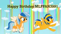 Size: 8693x4888 | Tagged: safe, artist:ncolque, derpibooru import, oc, oc:flare spark, oc:sunlight mist, unofficial characters only, pegasus, g4, cloud, female, happy birthday, image, pegasus oc, png, rainbow falls (location), wings