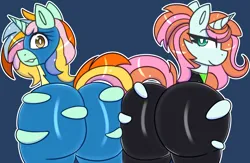 Size: 4738x3088 | Tagged: oc name needed, suggestive, artist:askhypnoswirl, derpibooru import, oc, alicorn, alicorn oc, butt, clothes, duo, duo female, female, horn, image, large butt, latex, latex suit, looking back, mischievous, png, rubber, rubber suit, shiny, smiling, spread butt, uniform, washouts uniform, wings, wonderbolts uniform