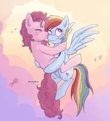 Size: 1804x1991 | Tagged: safe, artist:starryducks, derpibooru import, pinkie pie, rainbow dash, earth pony, pegasus, pony, blushing, cloud, cute, dashabetes, diapinkes, duo, duo female, eyes closed, female, flying, hug, image, kiss on the cheek, kissing, lesbian, mare, outdoors, pinkiedash, png, shipping