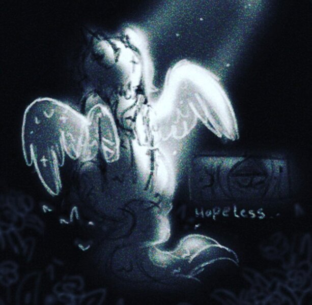 Size: 1017x995 | Tagged: safe, artist:flixanoa, artist:woodenmoth, derpibooru import, oc, oc:fef, unofficial characters only, pony, unicorn, angst, glow, glowing wings, horn, image, jpeg, male, sad, solo, stallion, wings