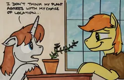 Size: 2048x1339 | Tagged: safe, artist:hoofclid, derpibooru import, braeburn, oc, oc:hoofclid, earth pony, pony, unicorn, g4, canon x oc, dialogue, duo, duo male, gay, horn, image, jpeg, male, marker drawing, narrowed eyes, potted plant, shipping, smiling, stallion, traditional art, unshorn fetlocks