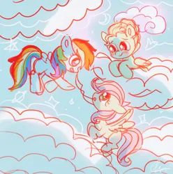 Size: 2528x2552 | Tagged: safe, artist:jaanhavi, derpibooru import, fluttershy, rainbow dash, zephyr breeze, pegasus, pony, g4, blank flank, cloud, colt, colt zephyr breeze, female, filly, filly fluttershy, filly rainbow dash, flying, foal, high res, image, lying down, lying on a cloud, male, on a cloud, png, trio, younger