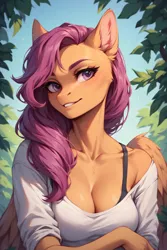 Size: 896x1344 | Tagged: safe, ai content, derpibooru import, machine learning generated, prompter:saberclaw1x, scootaloo, anthro, pegasus, g4, bra, bra strap, breasts, busty scootaloo, cleavage, clothes, crossed arms, female, image, off shoulder, older, older scootaloo, png, smiling, solo, underwear