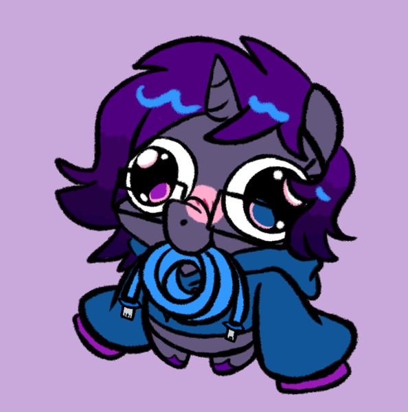 Size: 618x624 | Tagged: safe, artist:paperbagpony, derpibooru import, oc, oc:technomancer, pony, unicorn, blue mane, blushing, chibi, clothes, commission, ethernet cable, glasses, gradient mane, gray coat, heterochromia, hoodie, horn, image, lavender background, mouth hold, png, purple mane, simple background, solo, unshorn fetlocks, ych result