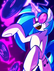 Size: 1536x2048 | Tagged: safe, artist:birderer, derpibooru import, vinyl scratch, pony, unicorn, g4, female, glasses, horn, image, magic, magic aura, mare, open mouth, open smile, png, rearing, record, signature, simple background, smiling, solo, sunglasses, telekinesis, transparent background, vinyl's glasses