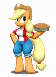 Size: 678x929 | Tagged: safe, artist:flash equestria photography, derpibooru import, applejack, anthro, unguligrade anthro, apple, apple pie, arm hooves, breasts, busty applejack, food, image, jpeg, pie, semi-quad, shading, simple background, solo, white background