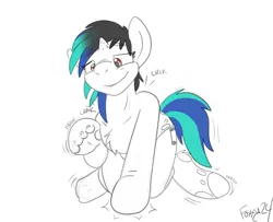 Size: 2131x1729 | Tagged: safe, artist:foxxy-arts, derpibooru import, vinyl scratch, oc, oc:acesential, human, pony, unicorn, g4, briefs, chest fluff, clothes, eye clipping through hair, eyebrows, eyebrows visible through hair, fingers fusing, horn, horn growth, human to pony, image, lip bite, male to female, mid-transformation, onomatopoeia, partial color, partial nudity, png, red eyes, ripping clothes, rule 63, signature, simple background, sketch, socks, solo, topless, torn clothes, transformation, transgender transformation, underwear, unsound effect, white background