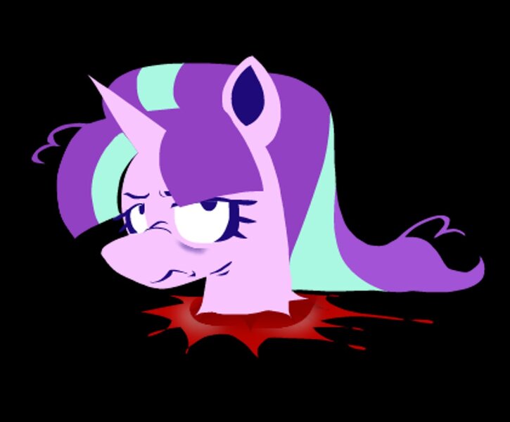 Size: 1208x1000 | Tagged: semi-grimdark, artist:partyponypower, derpibooru import, starlight glimmer, pony, unicorn, g4, abuse, bags under eyes, bangs, black background, blood, colored, colored eyelashes, colored pinnae, decapitated, eyelashes, eyeroll, female, flat colors, frown, glimmerbuse, horn, image, jpeg, lineless, looking up, mare, messy mane, no catchlights, no pupils, not dead, pink coat, purple eyelashes, purple eyes, s5 starlight, severed head, simple background, solo, two toned mane, unicorn horn