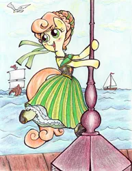 Size: 1000x1297 | Tagged: safe, artist:oriwhitedeer, derpibooru import, carrot top, golden harvest, pony, anna, clothes, disney, dress, frozen (movie), image, jpeg, ship, solo, traditional art