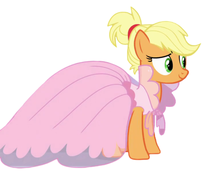 Size: 706x594 | Tagged: safe, derpibooru import, edit, edited screencap, screencap, applejack, earth pony, pony, g4, honest apple, season 7, alternate hairstyle, chiffon, clothes, dress, elegant, female, hair up, image, mare, pink dress, png, poofy dress, simple background, smiling, solo, transparent background