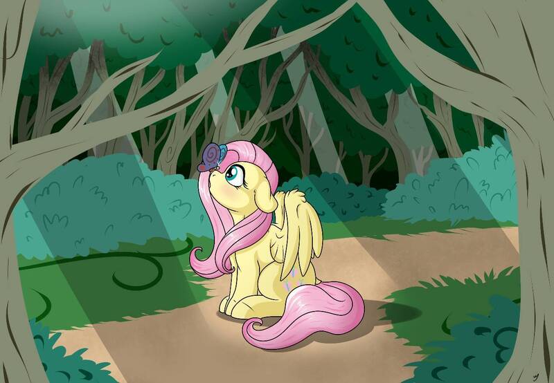 Size: 1300x900 | Tagged: safe, artist:takutanuvataio, derpibooru import, fluttershy, butterfly, insect, pegasus, pony, butterfly on nose, female, forest, image, insect on nose, jpeg, mare, nature, partially open wings, sitting, solo, tree, wings