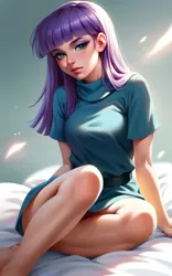 Size: 2560x4096 | Tagged: safe, ai content, anonymous prompter, derpibooru import, machine learning generated, stable diffusion, maud pie, human, belt, clothes, crossed legs, dress, expressionless face, female, generator:pony diffusion v6 xl, generator:purplesmart.ai, humanized, image, legs, looking at you, png, sitting, solo, upscaled