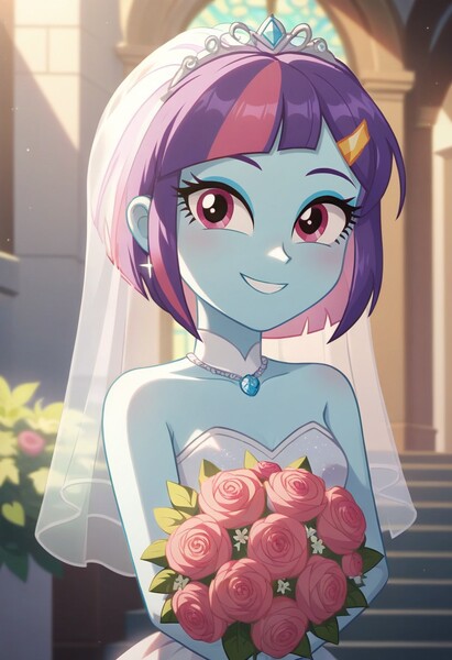 Size: 832x1216 | Tagged: safe, ai content, derpibooru import, machine learning generated, prompter:nwth, sunny flare, human, equestria girls, g4, bouquet of flowers, bride, clothes, dress, flower, image, jpeg, smiling, solo, wedding dress