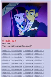 Size: 1070x1600 | Tagged: safe, derpibooru import, screencap, flash sentry, twilight sparkle, twilight sparkle (alicorn), alicorn, human, equestria girls, g4, /mlp/, 2014, 4chan, 4chan screencap, artifact, blushing, cropped, drama, duo, duo male and female, end of the world, eye contact, female, flash sentry drama, flashgate, flashlight, holding, image, lidded eyes, link in description, looking at each other, looking at someone, male, meme, my little pony equestria girls: rainbow rocks, png, shipping, straight, waifu thief