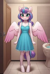 Size: 832x1216 | Tagged: safe, ai content, banned from derpibooru, machine learning generated, ponerpics import, ponybooru import, prompter:zodzod, princess flurry heart, alicorn, anthro, pony, bathroom, clothes, dress, female, foal, foalcon, image, jpeg, lolicon, prompt in source, solo, underage, young