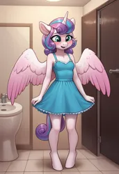 Size: 832x1216 | Tagged: safe, ai content, banned from derpibooru, machine learning generated, ponerpics import, ponybooru import, prompter:zodzod, princess flurry heart, alicorn, anthro, pony, bathroom, clothes, dress, female, foal, foalcon, image, jpeg, lolicon, prompt in source, solo, underage, young