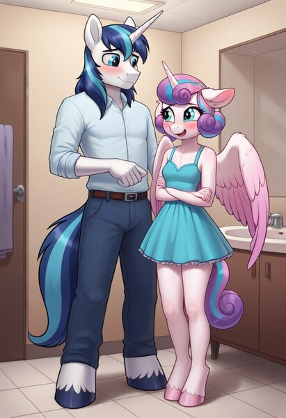 Size: 832x1216 | Tagged: safe, ai content, machine learning generated, ponerpics import, ponybooru import, prompter:zodzod, princess flurry heart, shining armor, alicorn, anthro, pony, unicorn, bathroom, clothes, dress, father and child, father and daughter, female, foal, image, jpeg, male, parent and child, prompt in source, young