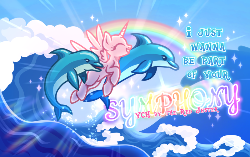 Size: 3611x2260 | Tagged: safe, artist:redjester, derpibooru import, dolphin, pony, advertisement, commission, eyes closed, horn, image, png, rainbow, water, wave, wings, your character here