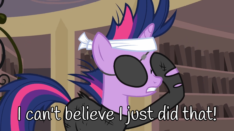 Size: 960x540 | Tagged: safe, derpibooru import, twilight sparkle, pony, unicorn, g4, it's about time, bandage, book, eyepatch, facehoof, female, frazzled, future twilight, horn, image, library, mare, meme, monochrome, png, reference, shelf, solo, text