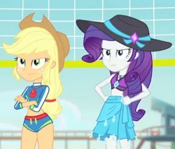 Size: 453x387 | Tagged: safe, derpibooru import, screencap, applejack, rarity, equestria girls, g4, angry, applejack's beach shorts swimsuit, applejack's hat, bikini, bikini top, clothes, cowboy hat, cropped, crossed arms, equestria girls specials, hand on hip, hat, image, my little pony equestria girls: forgotten friendship, png, rarity's blue sarong, rarity's purple bikini, sarong, scowl, skirt, stetson, sun hat, swimsuit