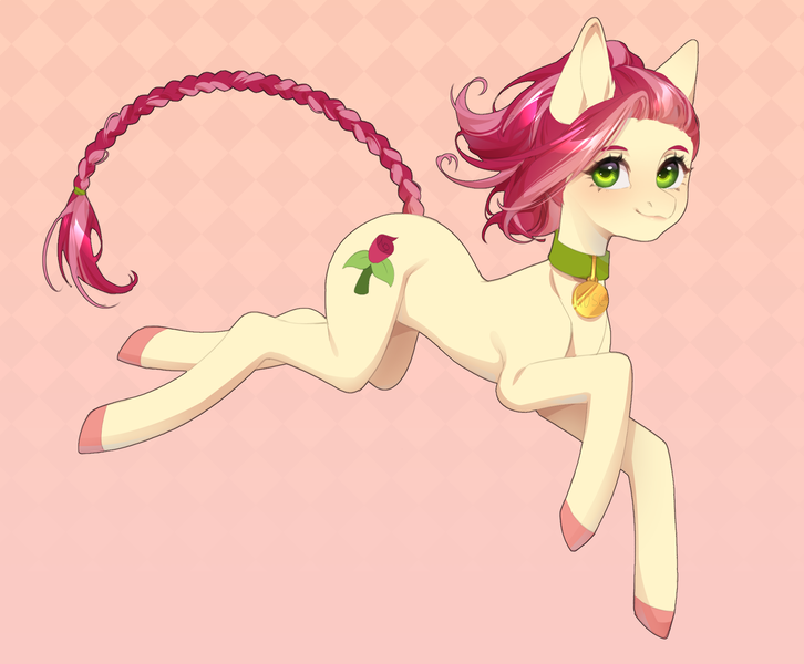 Size: 2178x1800 | Tagged: safe, artist:takic, derpibooru import, roseluck, earth pony, pony, alternate hairstyle, braid, braided tail, collar, commission, commissioner:doom9454, cute, image, looking at you, pet tag, png, pony pet, ponytail, rosepet, tail