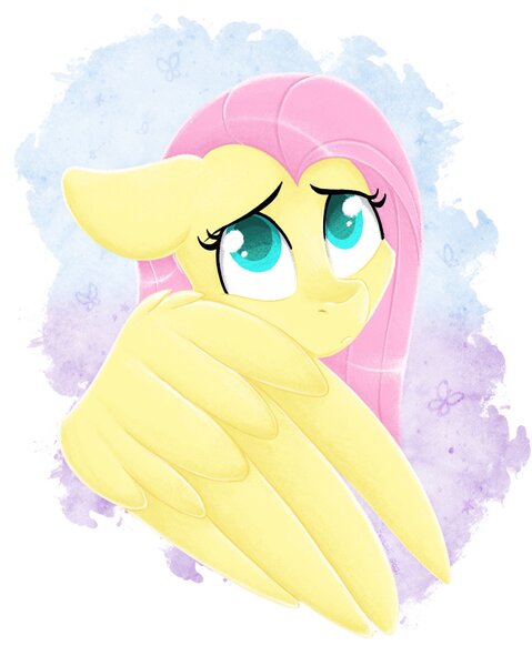 Size: 1417x1775 | Tagged: safe, artist:karzii, derpibooru import, fluttershy, pegasus, pony, g4, big ears, big eyes, cute, female, frightened, image, jpeg, large wings, solo, wings