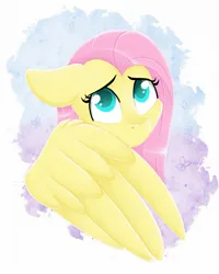 Size: 1417x1775 | Tagged: safe, artist:karzii, derpibooru import, fluttershy, pegasus, pony, g4, big ears, big eyes, cute, female, frightened, image, jpeg, large wings, solo, wings