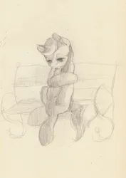 Size: 849x1200 | Tagged: safe, artist:wolfiedrawie, derpibooru import, lyra heartstrings, pony, unicorn, g4, bench, female, horn, image, jpeg, mare, meme, monochrome, park bench, sitting, sitting lyra, sketch, solo, traditional art