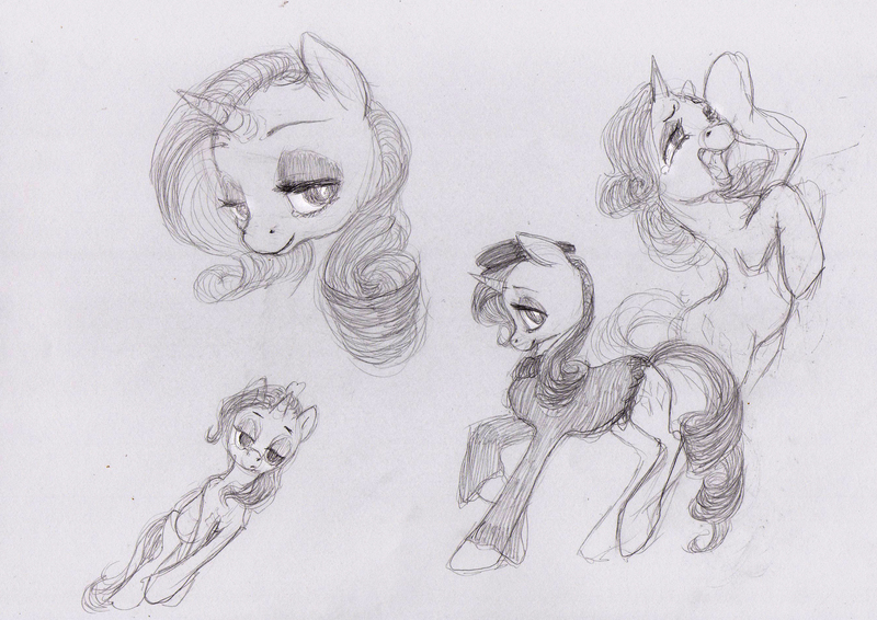 Size: 2674x1891 | Tagged: safe, artist:wolfiedrawie, derpibooru import, rarity, pony, unicorn, g4, beret, black and white, clothes, female, grayscale, hat, horn, image, jpeg, mare, monochrome, sketch, sketch dump, solo, traditional art