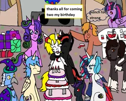 Size: 1209x969 | Tagged: safe, artist:ask-luciavampire, derpibooru import, oc, alicorn, pegasus, pony, undead, unicorn, vampire, vampony, birthday, birthday cake, cake, food, horn, image, png, present, tumblr