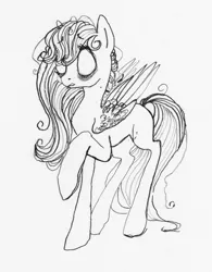 Size: 2454x3146 | Tagged: safe, artist:wolfiedrawie, derpibooru import, oc, oc:wolfie drawie, unofficial characters only, pegasus, pony, black and white, don't starve, female, grayscale, image, jpeg, mare, monochrome, no pupils, simple background, solo, style emulation, traditional art, white background