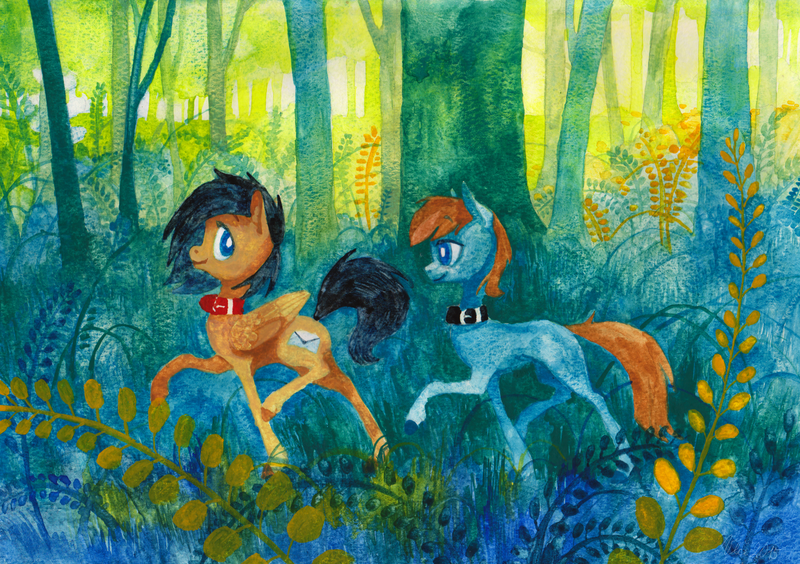 Size: 2870x2022 | Tagged: safe, artist:wolfiedrawie, derpibooru import, oc, unofficial characters only, earth pony, pegasus, pony, collar, commission, duo, forest, image, nature, png, traditional art, tree, watercolor painting