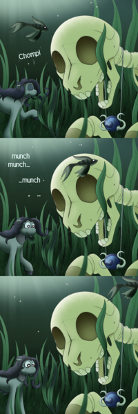 Size: 1500x4500 | Tagged: safe, artist:drxii, derpibooru import, oc, oc:ipsywitch, fish, pony, friendship is magic, g4, ask, bone, dialogue, female, image, jewelry, my little pony, png, skeleton, tumblr, underwater, water